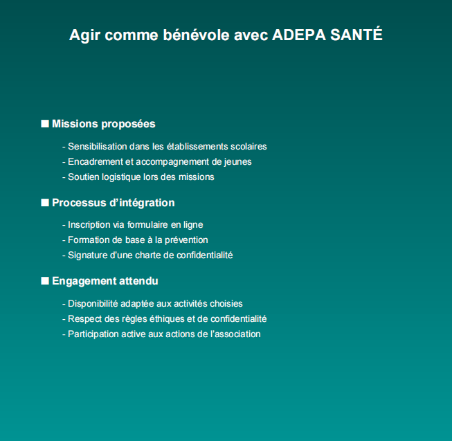 Agir comme bénévole avec ADEPA SANTÉ